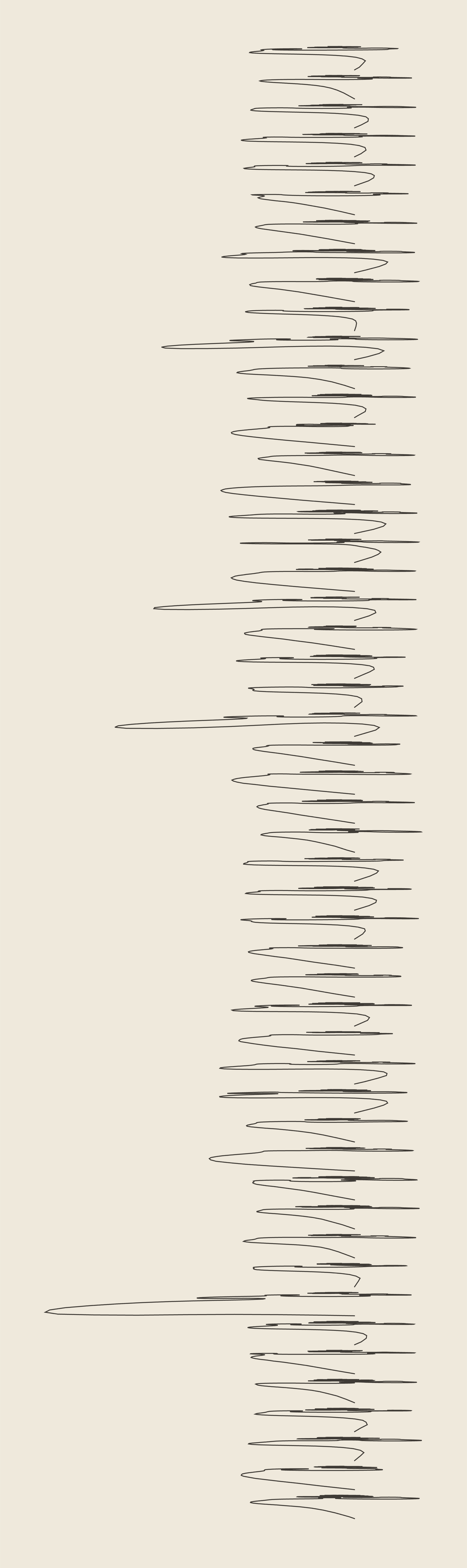 A tall pale sheet ruled with fifty-one rows of thin dark scribbled lines, like lines of handwriting, each starting from the same small hook near the middle; most are short, a few loop out far to one side. No row is empty.