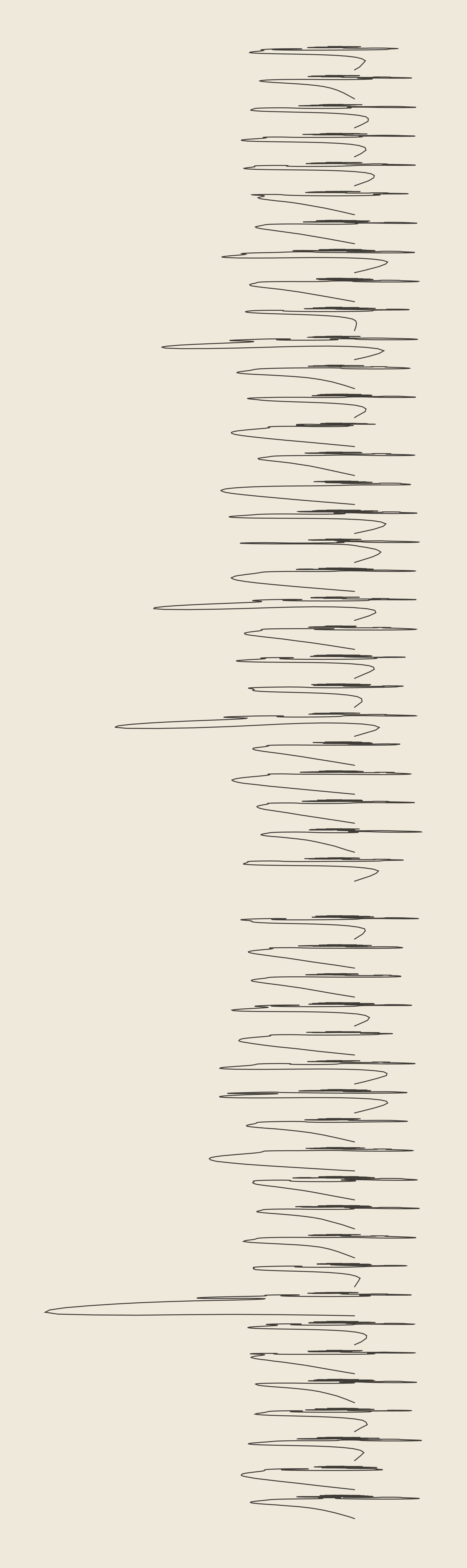 A tall pale sheet ruled with fifty-one rows of thin dark scribbled lines, like lines of handwriting, each starting from the same small hook near the middle; most are short, a few loop out far to one side. One row is empty.
