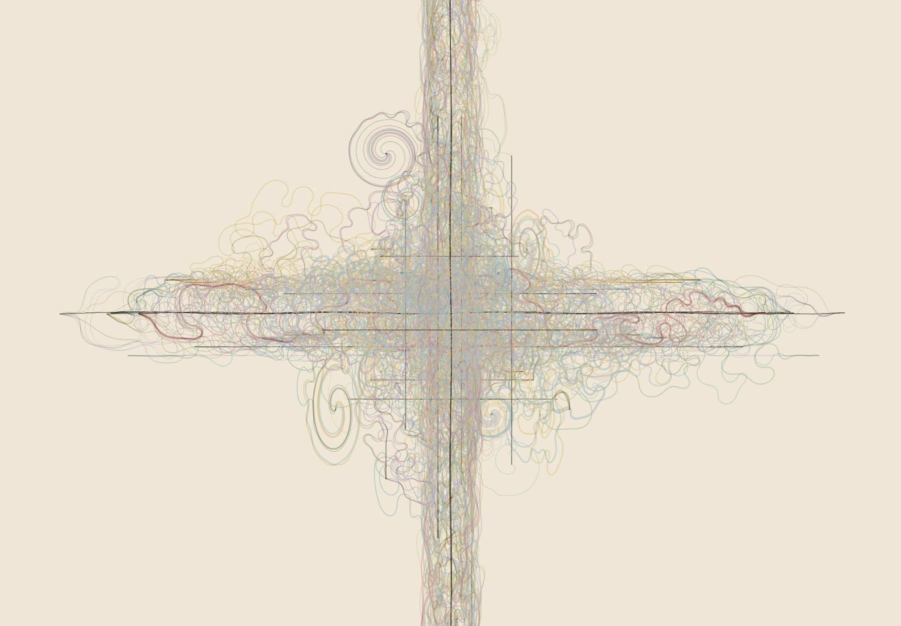 On cream paper, hundreds of thin looping lines in faded green, rose, ochre and grey pile into a large cross: a tall band running off the top and bottom of the sheet, a wide band across the middle, dense and knotted where they meet, a few ruled straight lines through both and a few loose spirals at the edges.