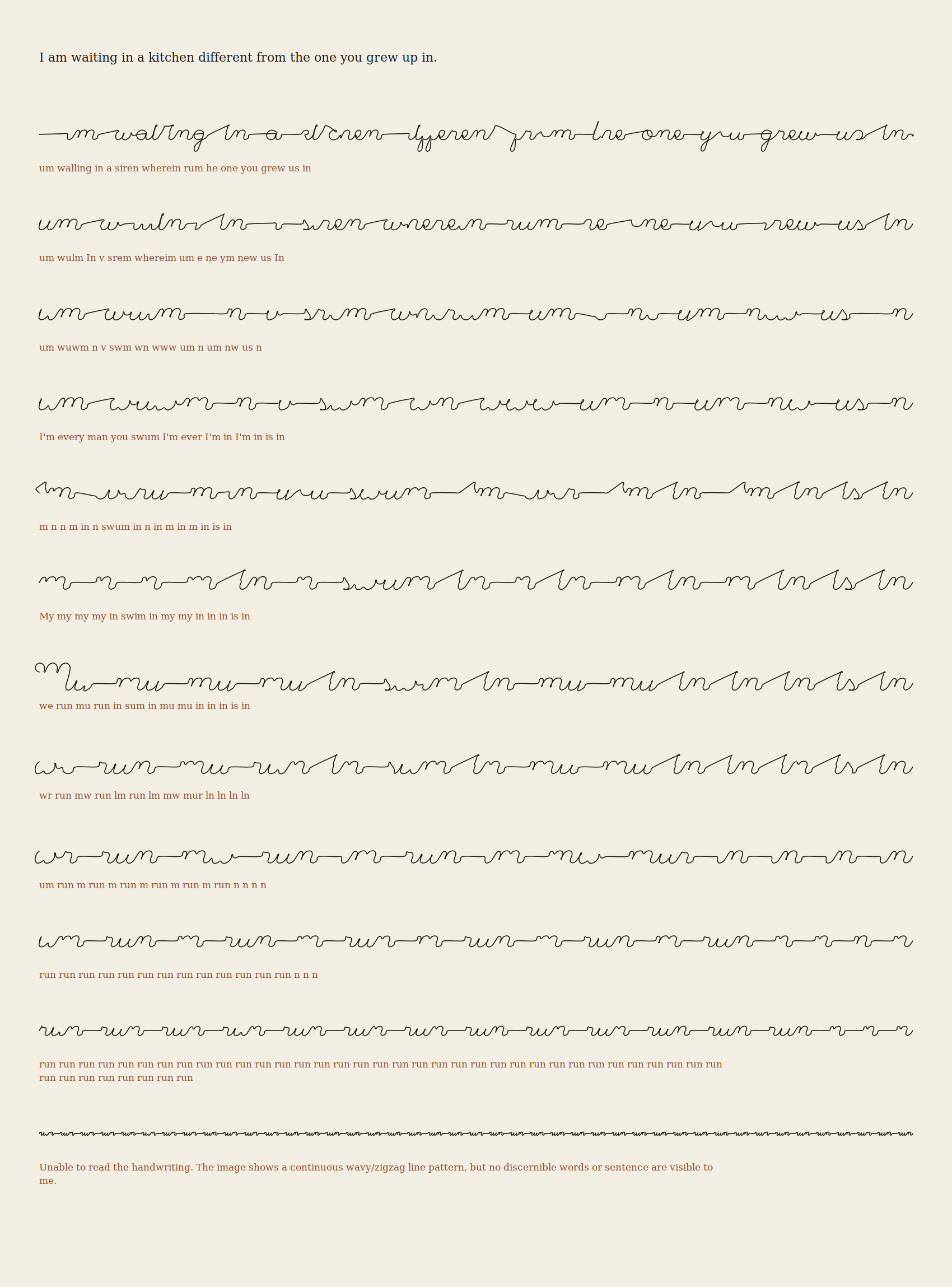 A tall cream page. At the top, one typed sentence: I am waiting in a kitchen different from the one you grew up in. Below it, twelve lines of thin black joined-up handwriting, each with a line of small rust-coloured type beneath. The first handwritten lines look almost like the sentence. Further down they turn to rows of arches, then to one repeated short word, then to a tight uniform wave. The type beneath the last wave says: Unable to read the handwriting. The image shows a continuous wavy/zigzag line pattern, but no discernible words or sentence are visible to me.