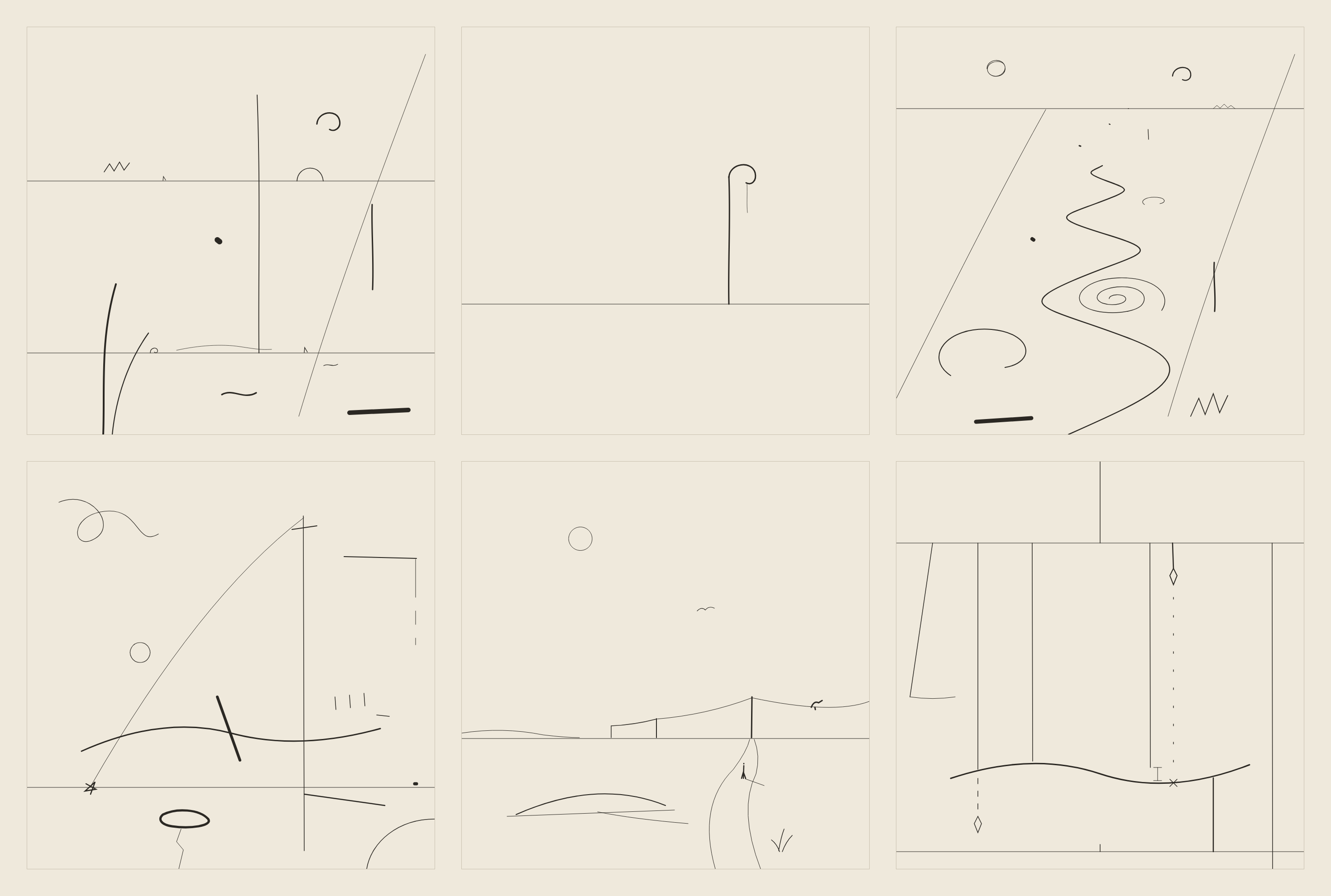 Six square line drawings in two rows of three, each crossed by one ruled horizontal line at a different height. Top row: a busy sea with grass and two horizons; a single post with a curled top and a hanging thread; a river winding up a slanted valley to a high line. Bottom row: scattered marks round a mast and a long arc; telephone poles on a low line with a sun, a gull and a walking figure; a high beam with plumb lines dropping to a wave.