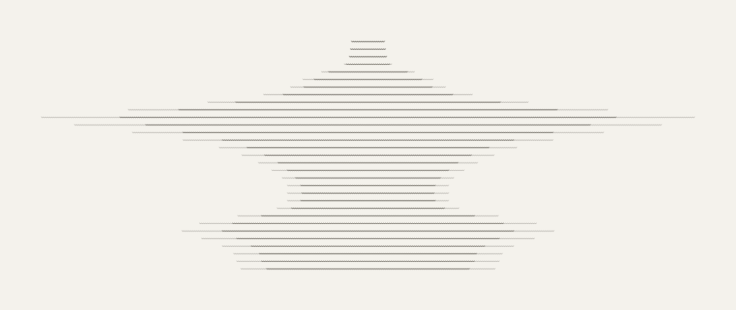 A wide off-white sheet. Thirty-one rows of small scalloped horizontal strokes, centred, stacked with even spacing. At the top the rows are short and each is a single line. Descending, they widen sharply and a much fainter line appears at both ends of each row, extending well past the darker strokes; the pale extension is widest near the middle of the sheet and closes again toward the bottom.