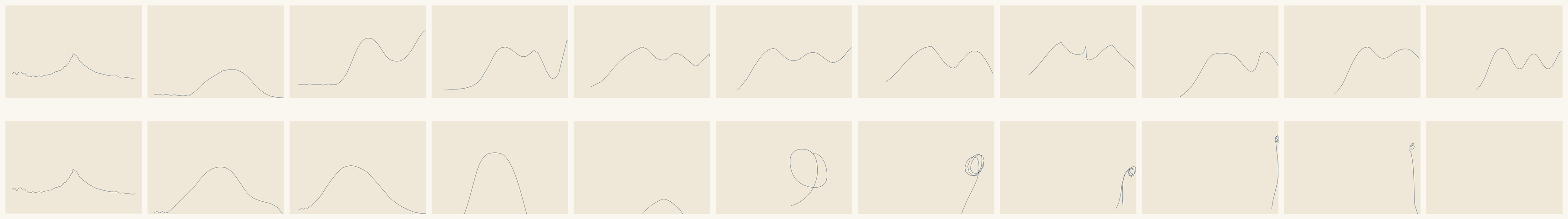 Two long rows of eleven small cream panels, each holding one thin dark-blue line. Both rows begin with the same line, the measured profile of Mount Fuji. Along the top row it softens to a hump and settles into gentle rolling hills that drift a little to the right. Along the bottom row it swells into a bell, sinks through the bottom edge, returns as a loose spiral, shrinks to a coil on a stem pressed against the right margin, and the last panel is empty.