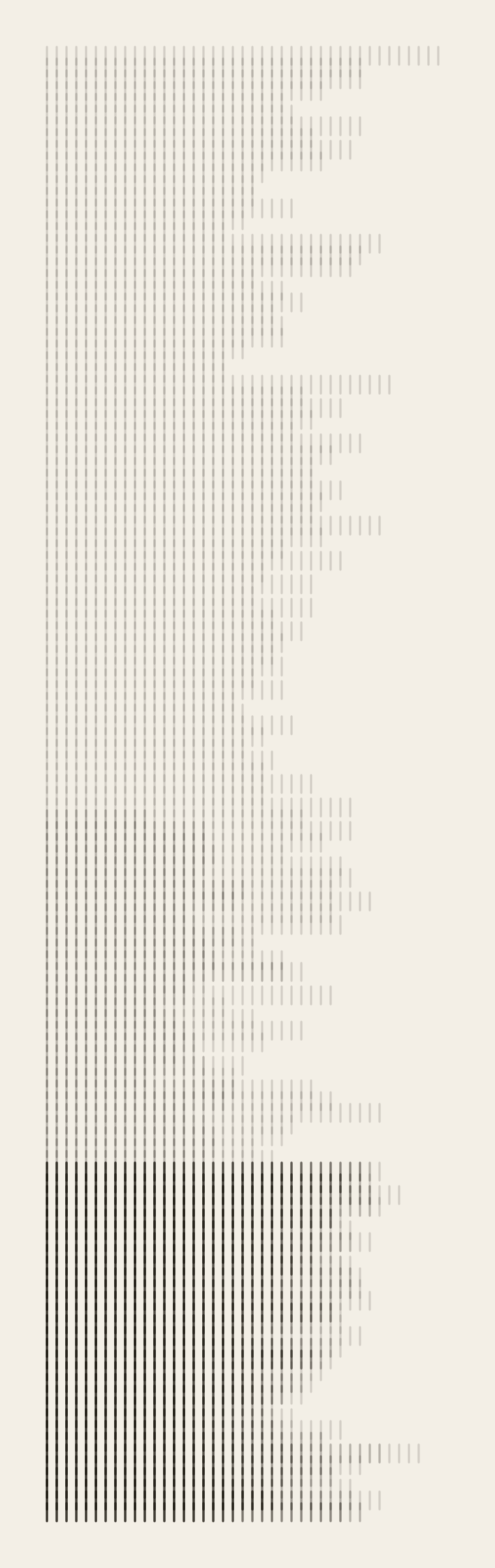A tall narrow sheet on cream ground, filled with columns of short vertical ticks. For most of its height the ticks are pale and separate, broken into dashes, and the right-hand edge is eaten into bays where the columns stop early. Across the lower third the ticks are black and the rows are packed so close that they join into continuous vertical rules. The two zones meet at one flat horizontal edge.