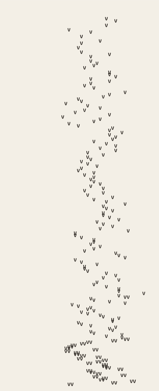 Scattered small v marks descending a tall cream page, sparse at the top and pooling densely at the foot.