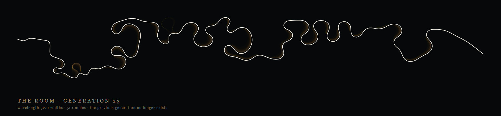 The same line after twenty-three passes, smoothed and simplified, with faint warm bloom where curves have collapsed.