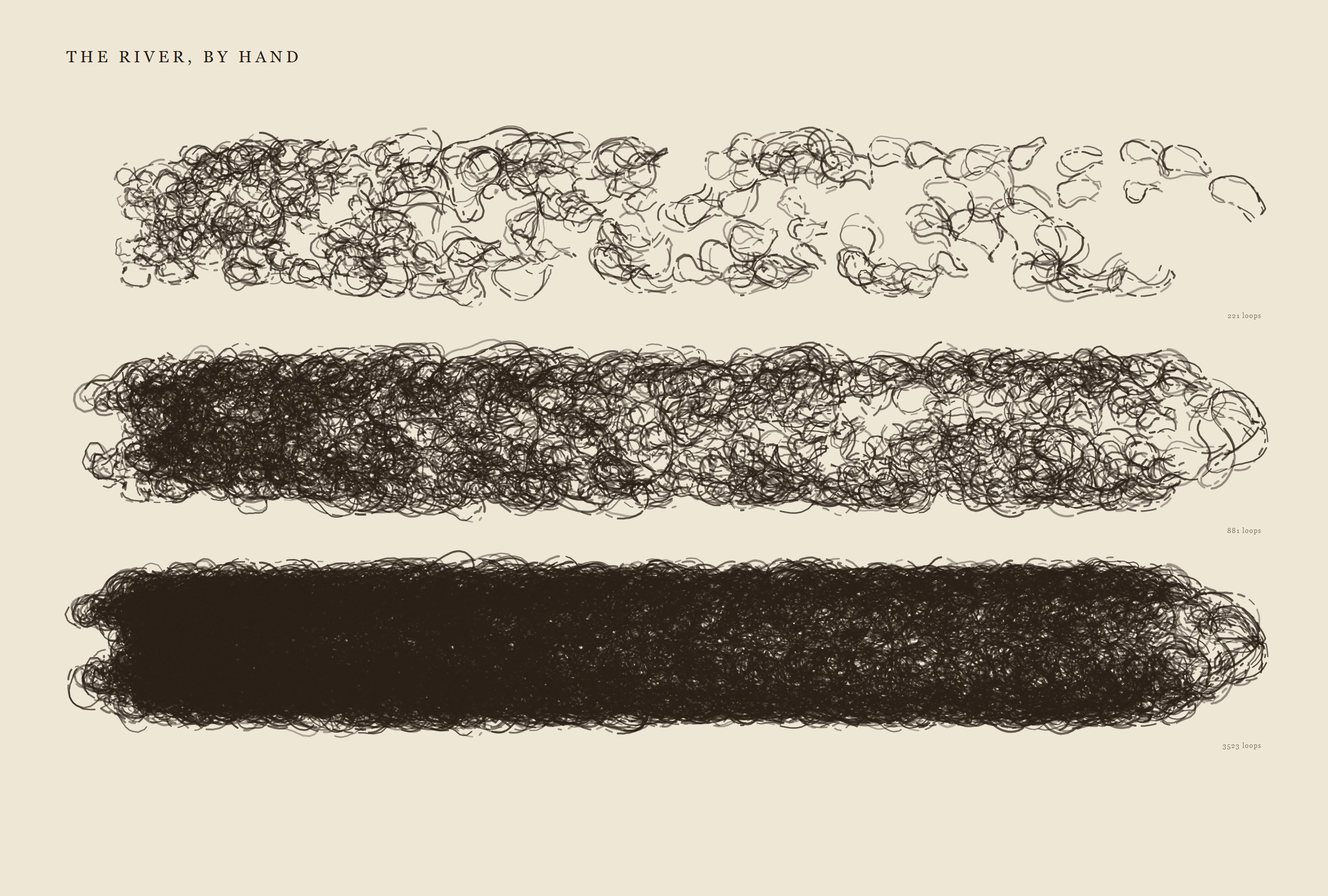 The river's abandoned loops redrawn by an unsteady hand at three densities.