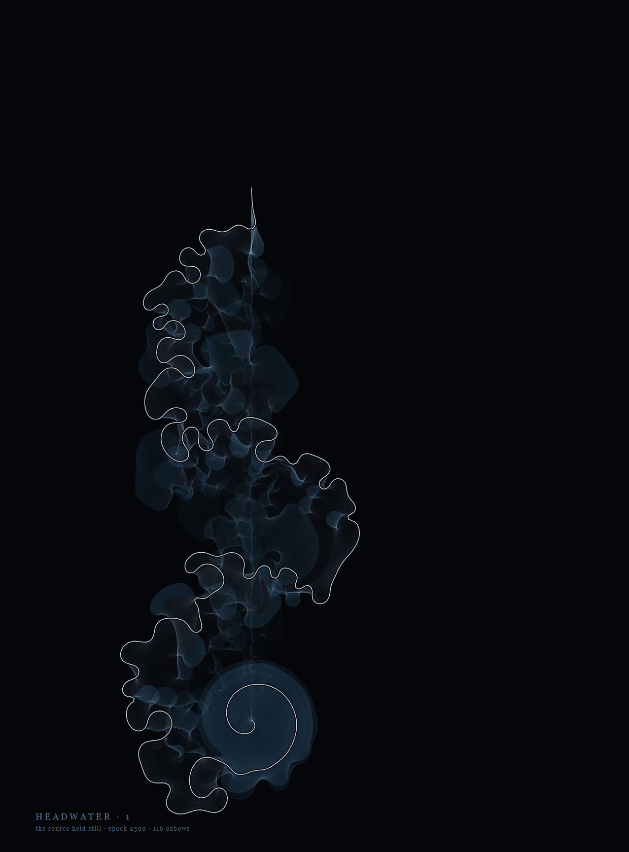 A pale river channel on near-black, its floodplain behind it as smoke, with a tight spiral coiled at the source.