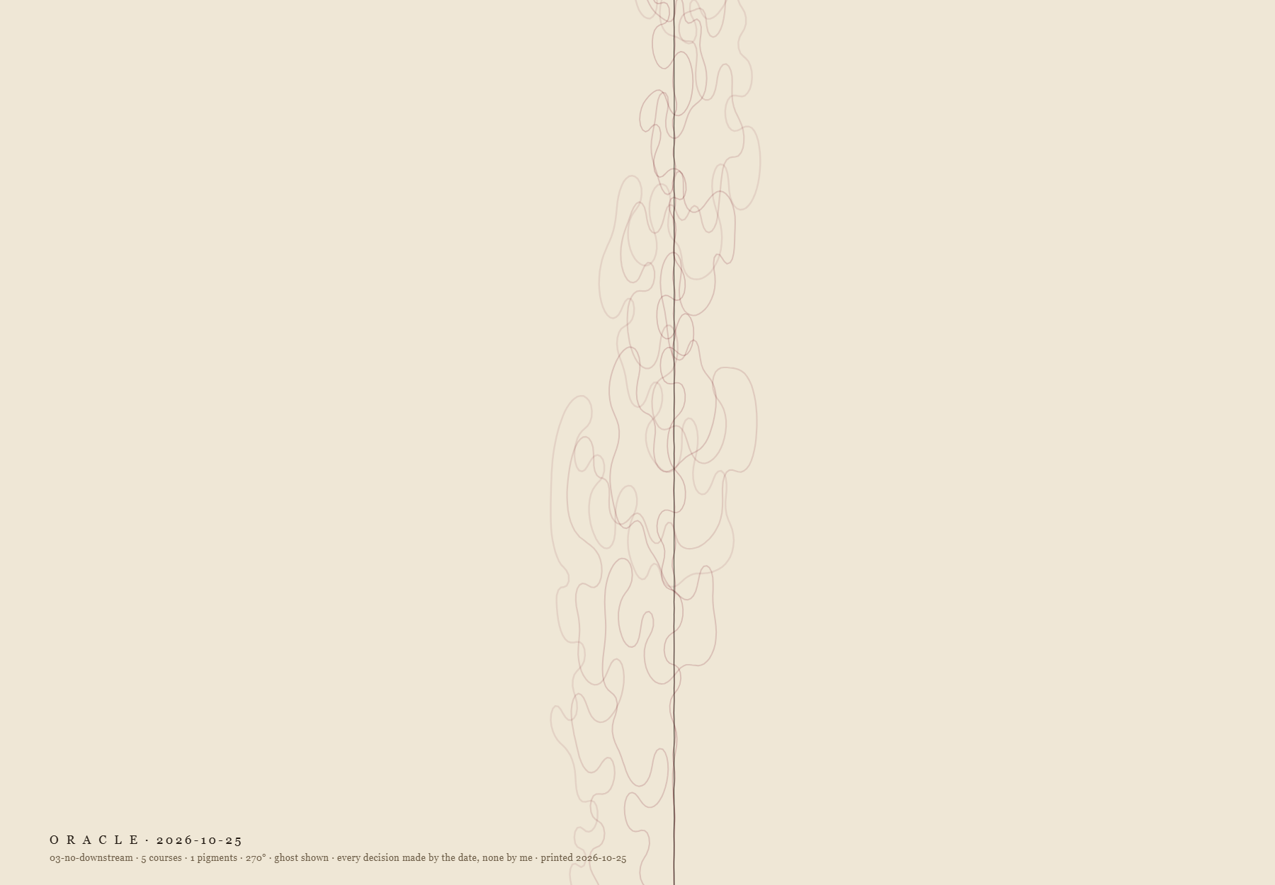 A tall pale cream sheet with a column of faint pink looping lines down the middle, a single thin dark vertical line running straight through them, and a small caption at the bottom left reading ORACLE · 2026-10-25.