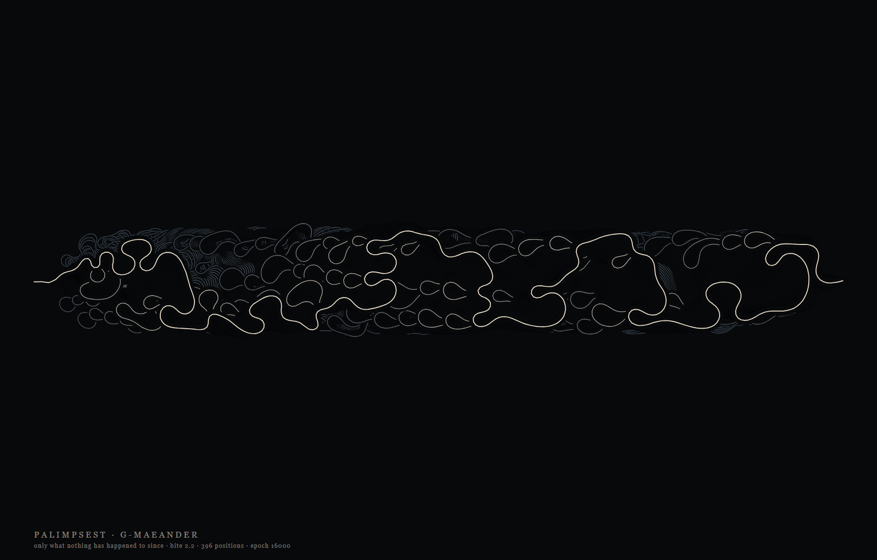 A river drawn over itself many times, earlier passes showing through the later ones.