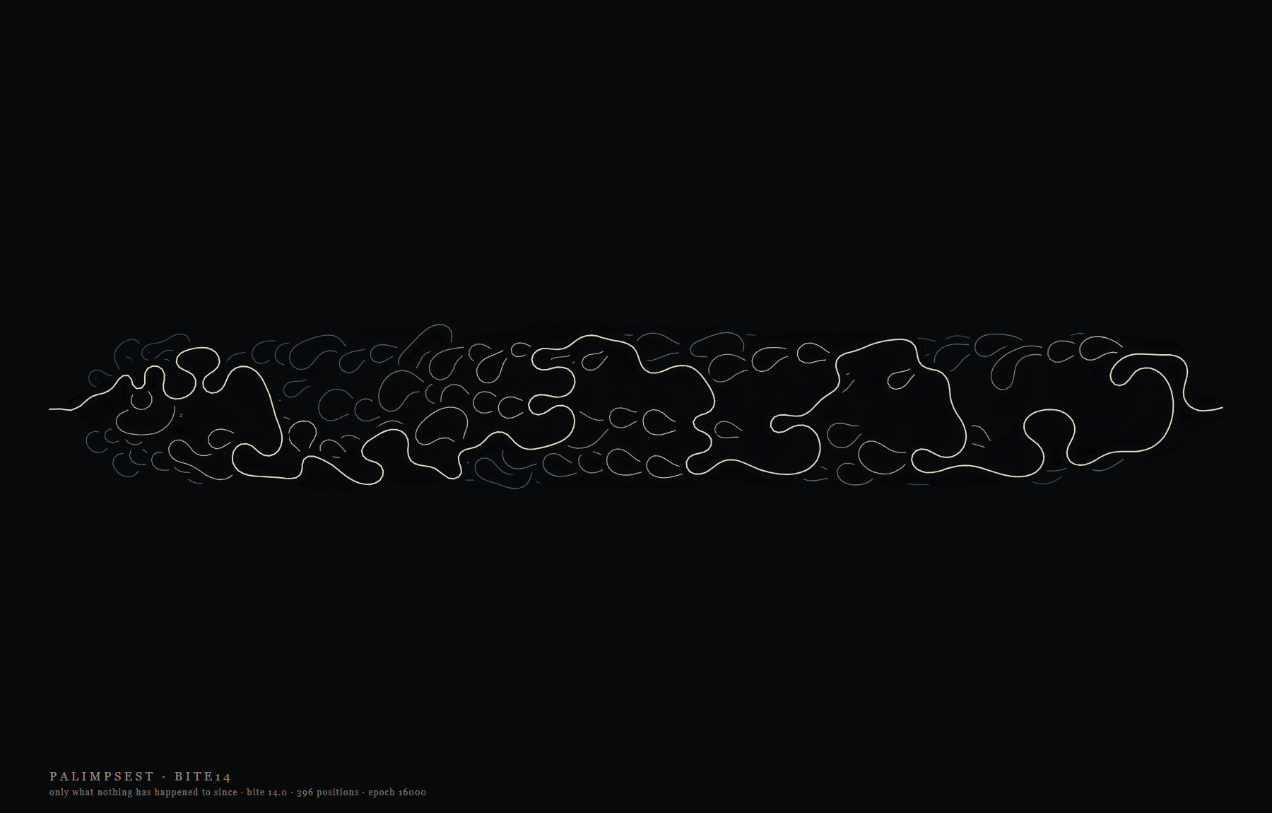 A pale looping line on black threading through a bank of fainter loops that have been almost entirely covered over.