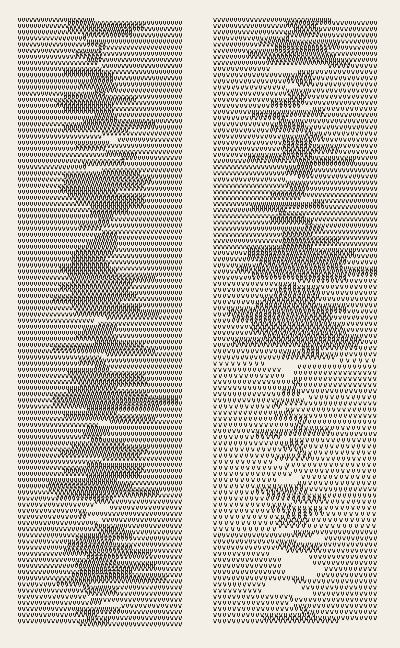 Two tall columns of tiny v-shaped marks set so close they read as woven cloth, with paler channels drifting through them.
