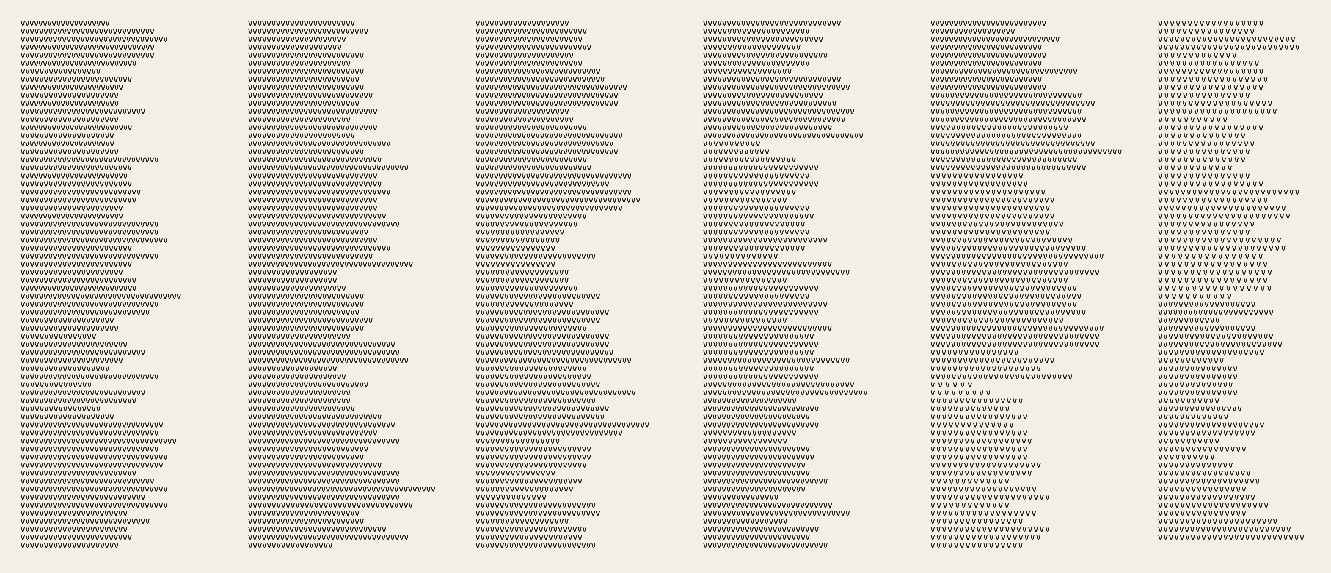 Six wide panels of hand-written stroke rows, ragged along their right edges, read together as one sheet.
