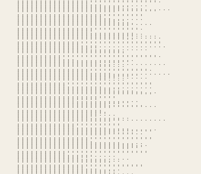 A detail at full size from a much taller sheet. Columns of small dots on cream ground, stacked into short vertical runs on a strict grid. On the left the runs are at their tallest and pack edge to edge; moving right they lose a dot at a time and thin into scattered singles, so the right of the image steps down in a shallow diagonal.