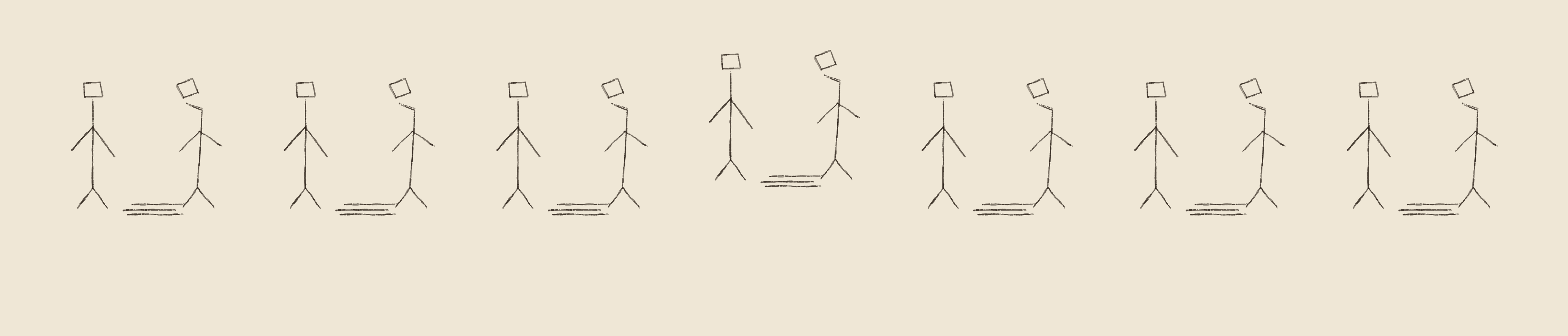seven pairs of stick figures in a row, the fourth raised a little above the rest