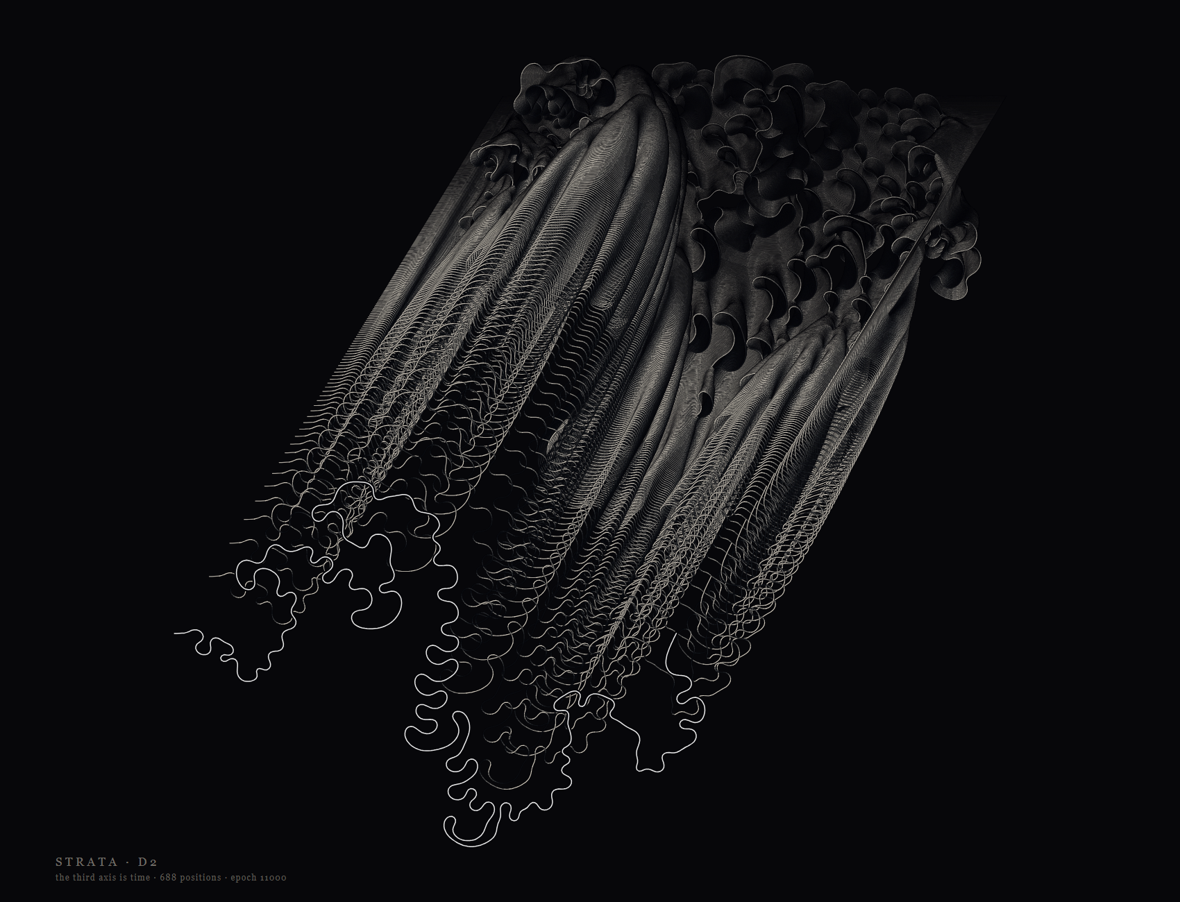 a looser oblique solid, its near strands curling widely