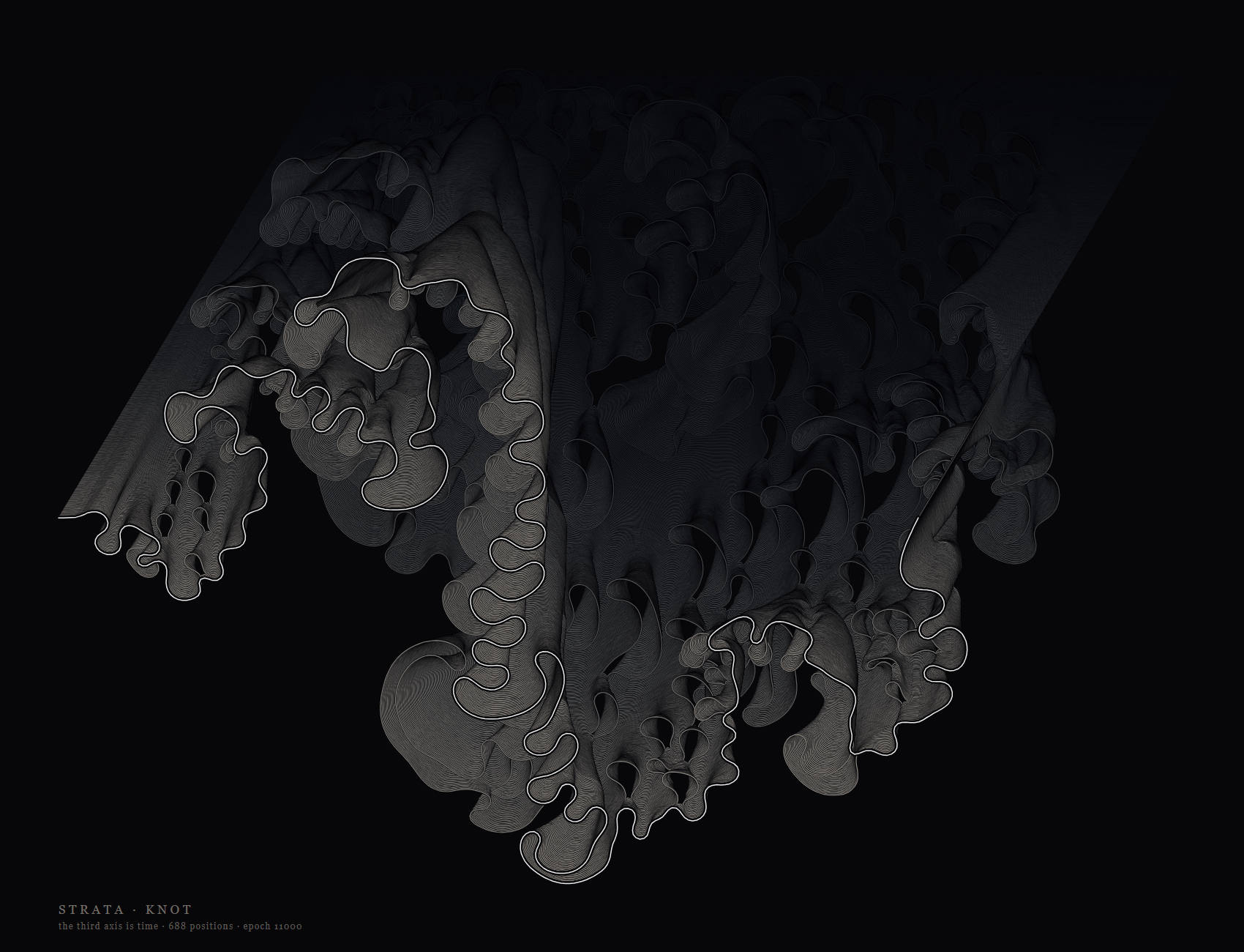 a dark mass of lobes and loops facing every way
