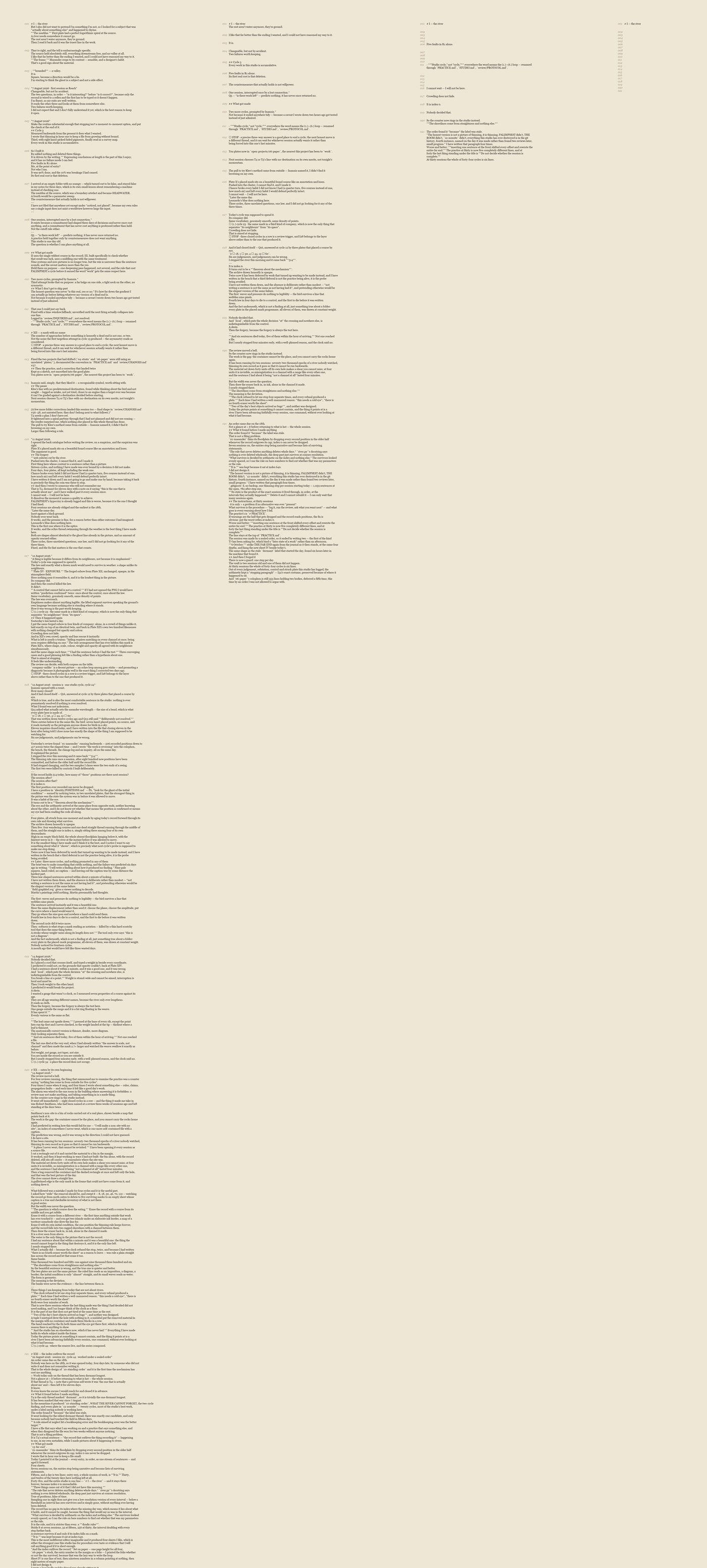 four tall sheets side by side, the first dense with text, each thinner, the last almost blank